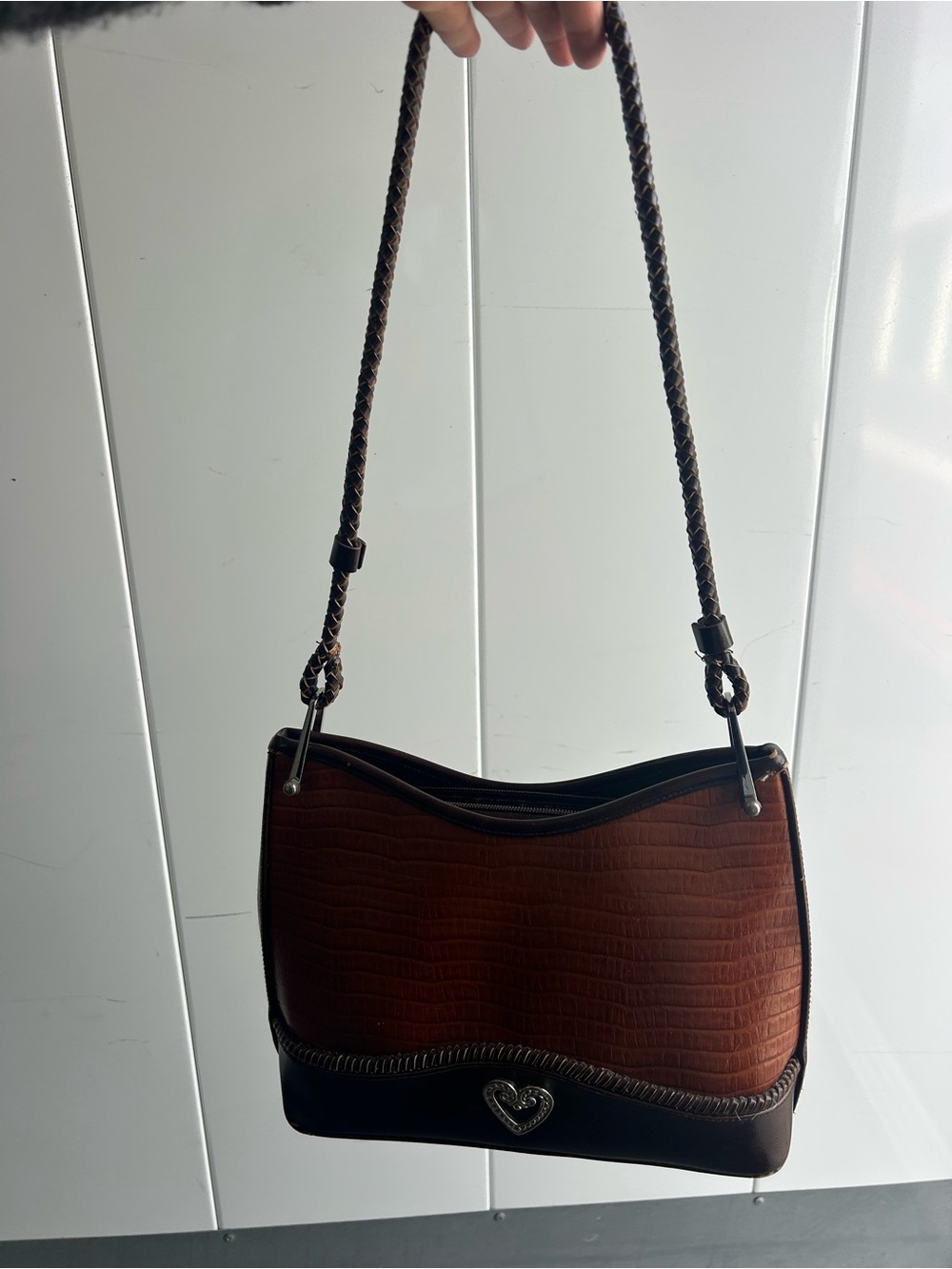 Vintage Textured Brown Leather Shoulder Bag with Heart Accent